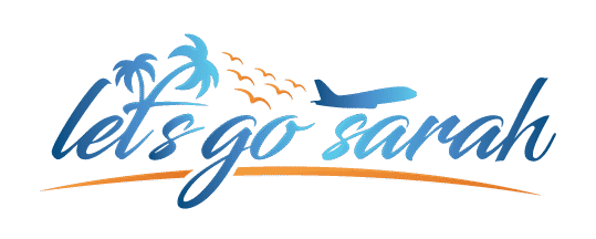 Let's Go Sarah travel logo with airplane, palm trees, and birds