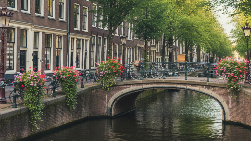 A quiet, picturesque canal scene in the Jordaan neighborhood of Amsterdam with typical Dutch houses.