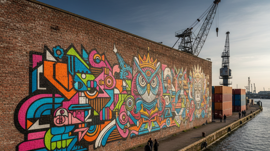 A large, colorful graffiti mural on a brick wall at the NDSM Wharf in Amsterdam.	