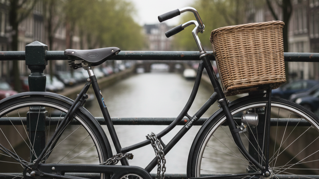 A classic black Dutch city bike parked against a railing on an Amsterdam canal bridge.
