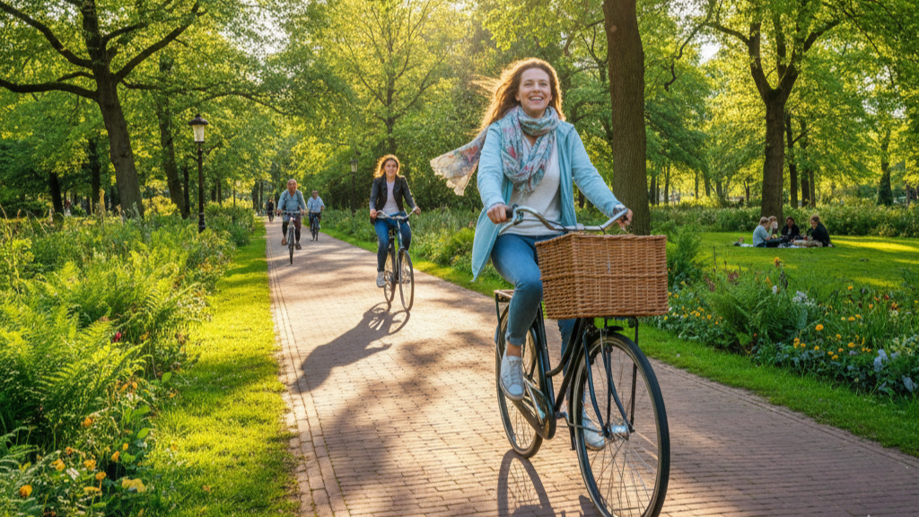A person happily riding a bicycle along a tree-lined path in Vondelpark, Amsterdam.