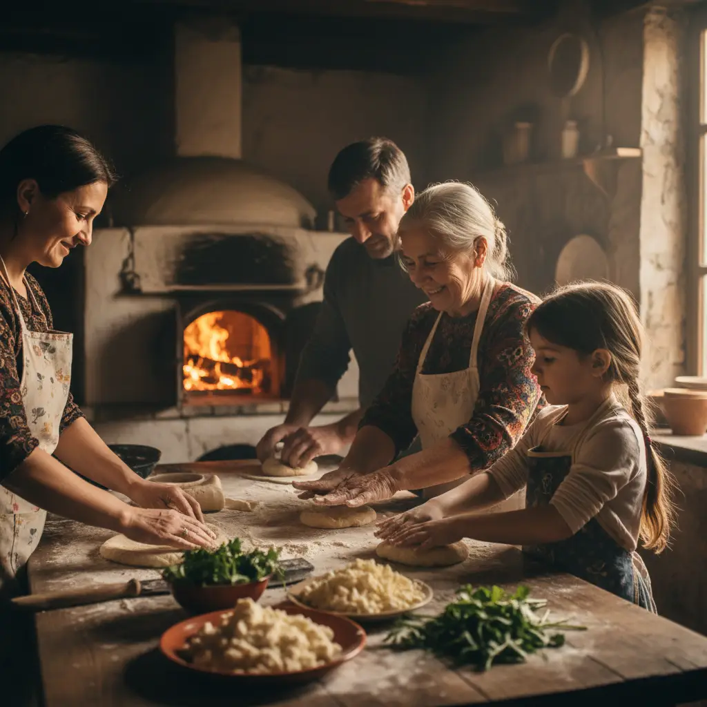 Georgian family making khachapuri together in kitchen