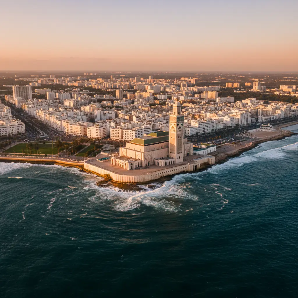 Aerial view of Casablanca's white cityscape meeting the Atlantic Ocean, an iconic Casablanca travel scene.