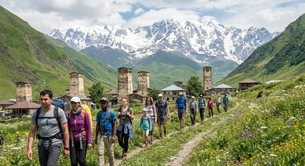 Hikers on trail in Svaneti, Georgia with stone towers
