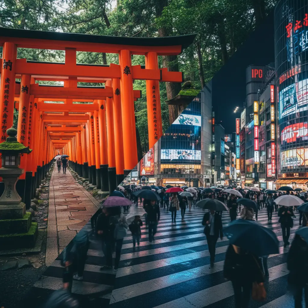 Split view of traditional Kyoto and modern Tokyo representing Japan travel