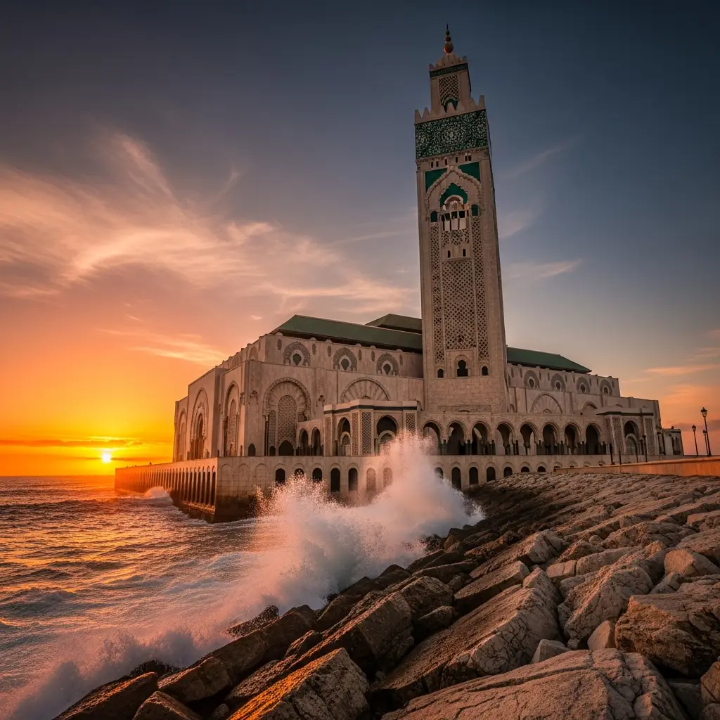 aerial view of white casablanca meeting the atlantic ocean
