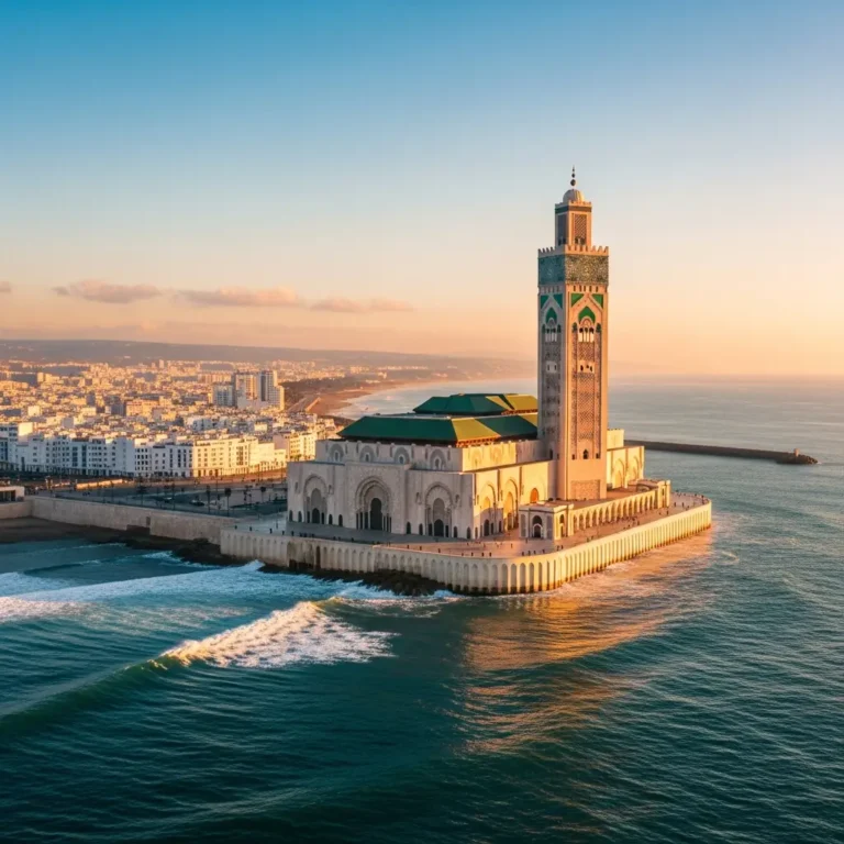 Aerial panoramic view of the Hassan II Mosque and Casablanca's white cityscape at sunset, an iconic Casablanca travel scene.