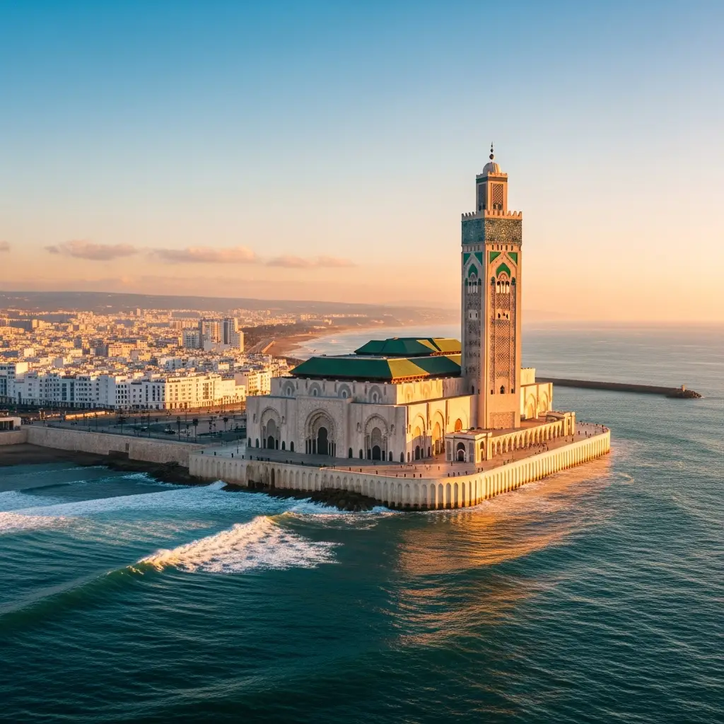 Aerial panoramic view of the Hassan II Mosque and Casablanca's white cityscape at sunset, an iconic Casablanca travel scene.