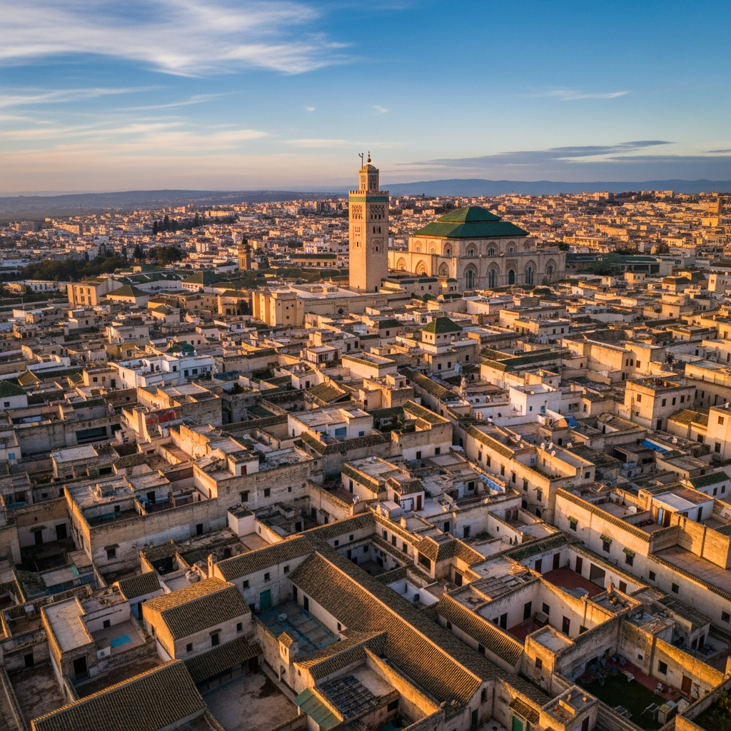 Aerial view for Fes travel showing the vast ancient medina