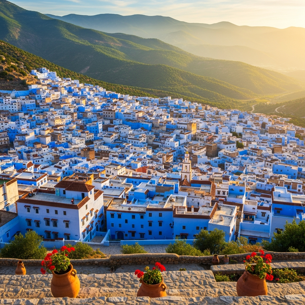 Chefchaouen travel guide featured image: panoramic view of the blue city in Morocco.
