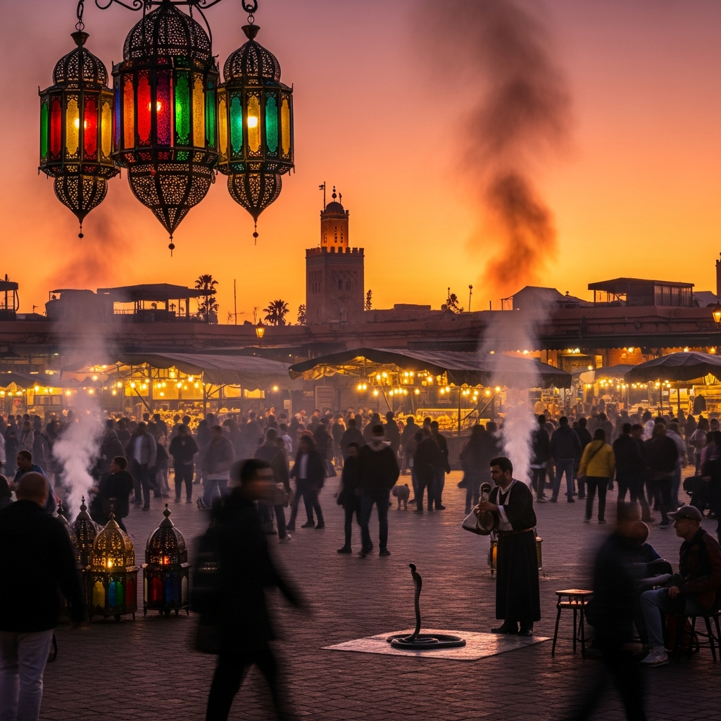 Marrakech Travel guide to the iconic Jemaa el-Fnaa square at night