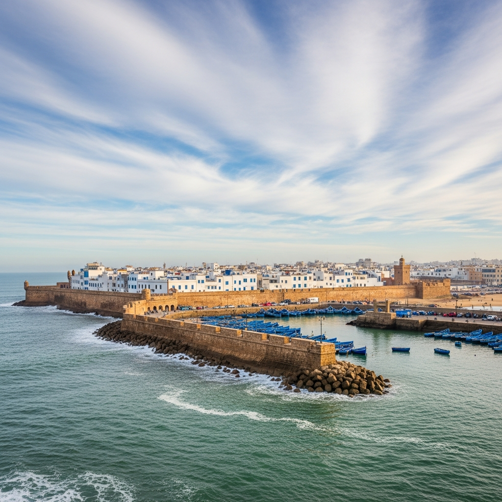 Essaouira travel featured image: panoramic view of the medina, port, and sea walls.