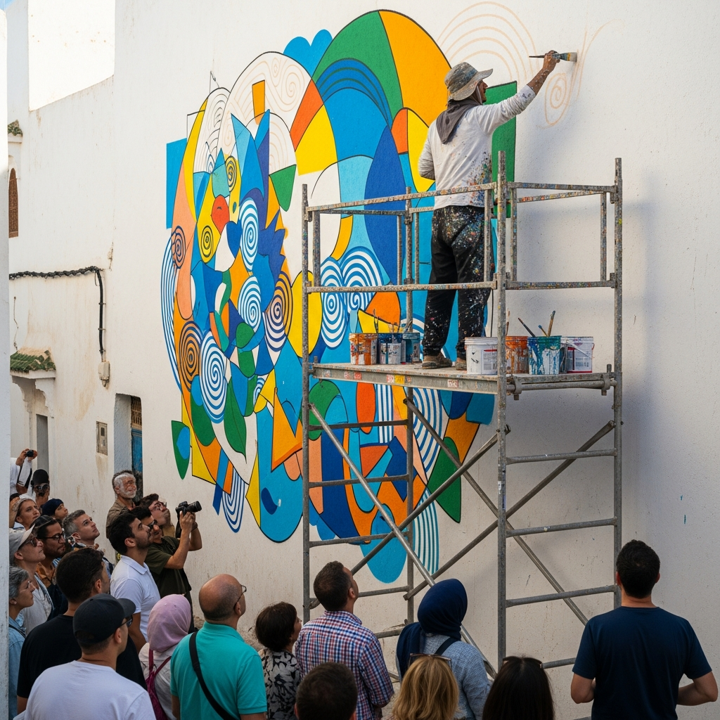 Artist creating a mural at the Assilah art festival