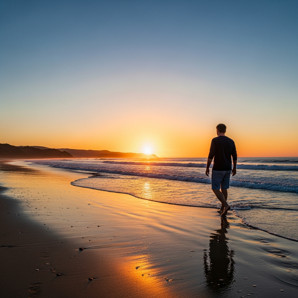 Peaceful sunrise walk on Assilah's beach