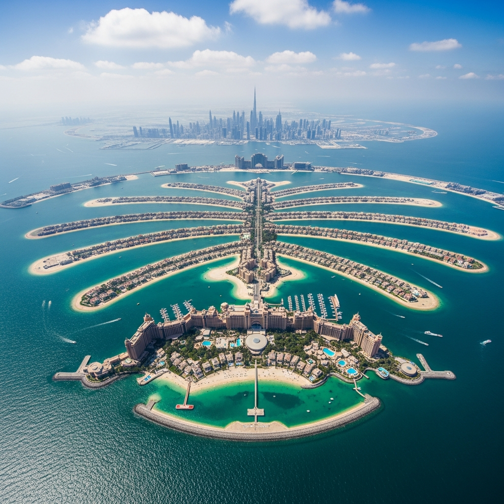 Aerial view of Palm Jumeirah in Dubai future city