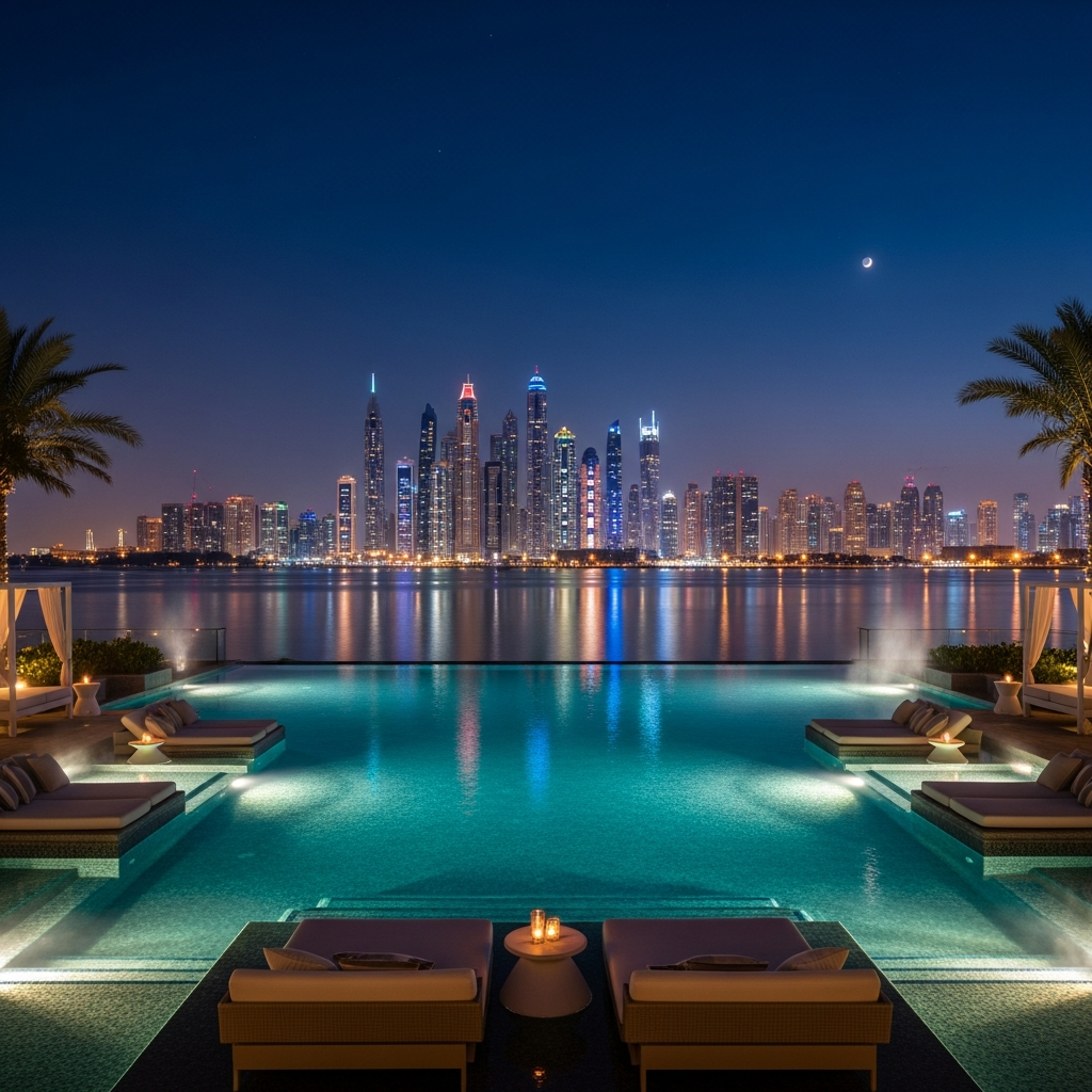 Luxury poolside view in Dubai future city