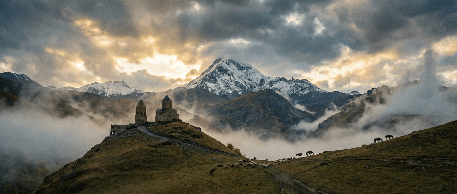 Gergeti Trinity Church with Mount Kazbek in Stepantsminda, Georgia