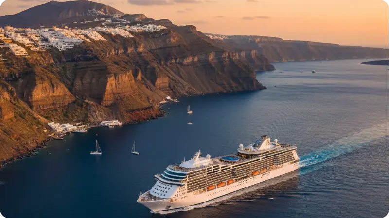 cruise vacation ship sailing Santorini sunset