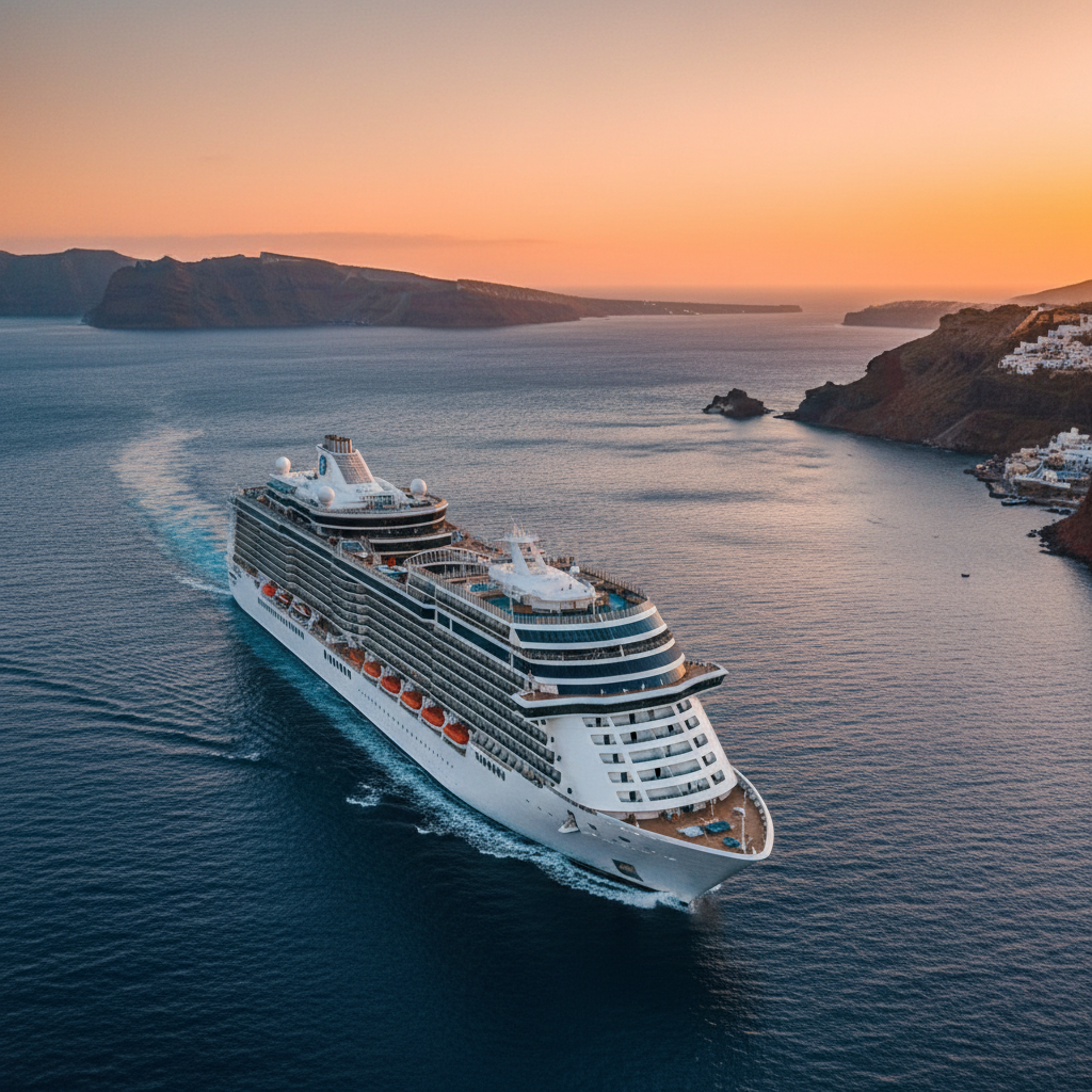 Modern cruise ship sailing at sunset past Santorini on a 2026 cruise vacation.