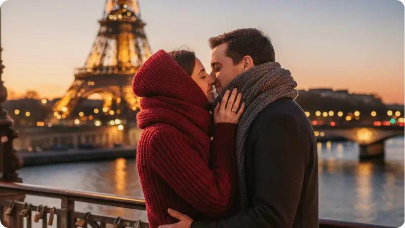 Romantic Valentine's Day 2026 in Paris moment at Pont des Arts
