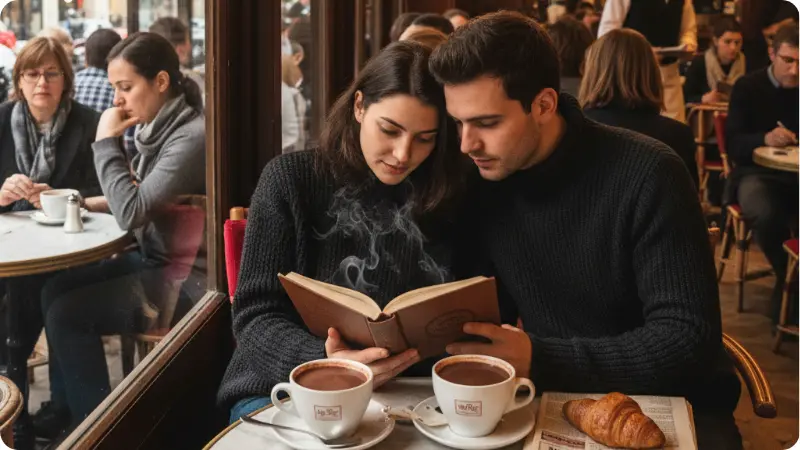 Couple in Café de Flore on Valentine's Day 2026 in Paris