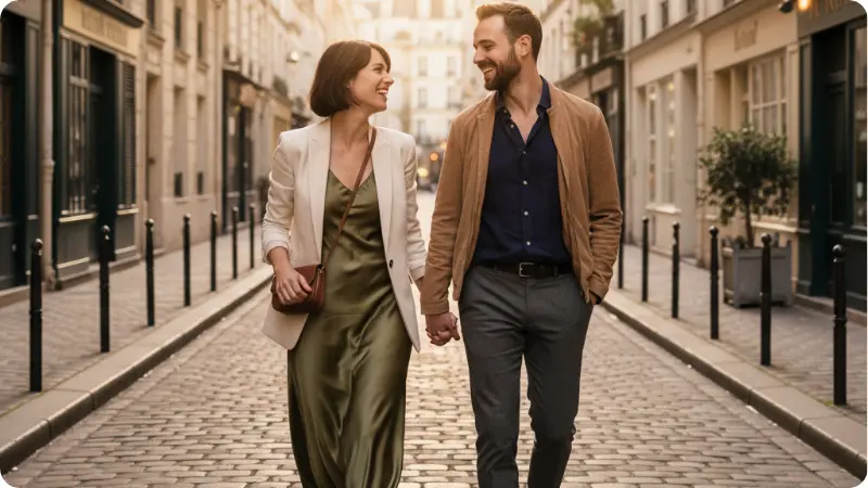 Stylish couple exploring Le Marais for Valentine's Day Paris