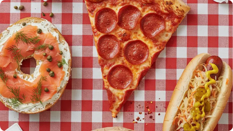 iconic New York City travel street food flat lay