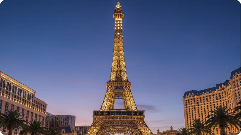 Iconic Las Vegas travel landmarks: Eiffel Tower and Fountains
