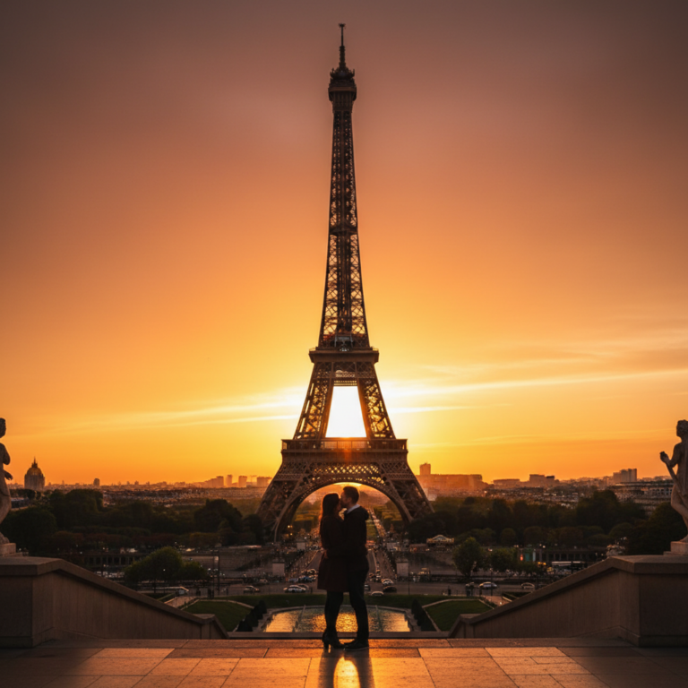 Couple silhouetted at sunset with the Eiffel Tower on Valentine's Day Paris.
