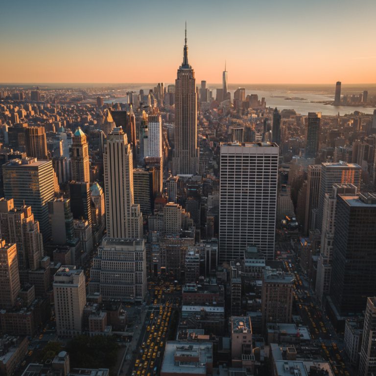 Iconic aerial view of Manhattan skyscrapers and streets for New York City travel.