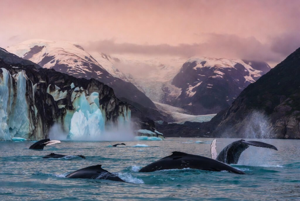 Epic Alaska travel glacier calving with humpback whales breaching in turquoise waters surrounded by snow-capped mountains.