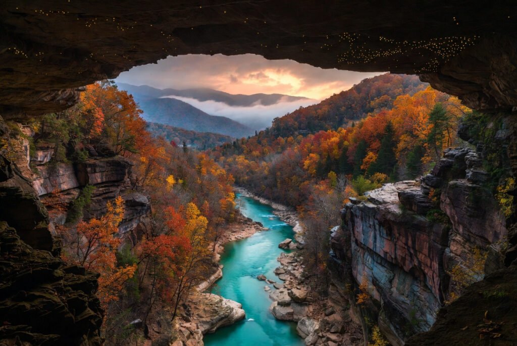 Dramatic composite image of Little River Canyon autumn foliage, glowing Dismals Canyon, and misty Alabama mountains for hidden gems travel guide.
