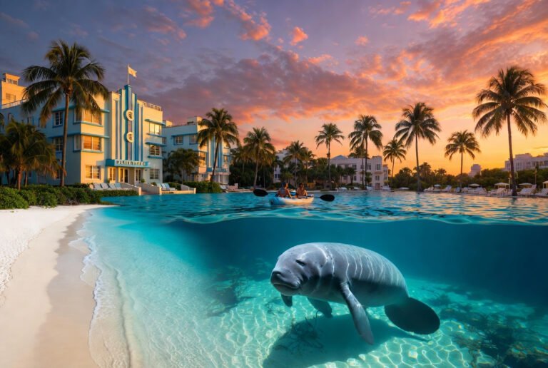 Epic Florida travel composite image featuring Gulf Coast beach, crystal-clear natural spring with manatee and kayakers, and Miami South Beach Art Deco architecture at sunset.