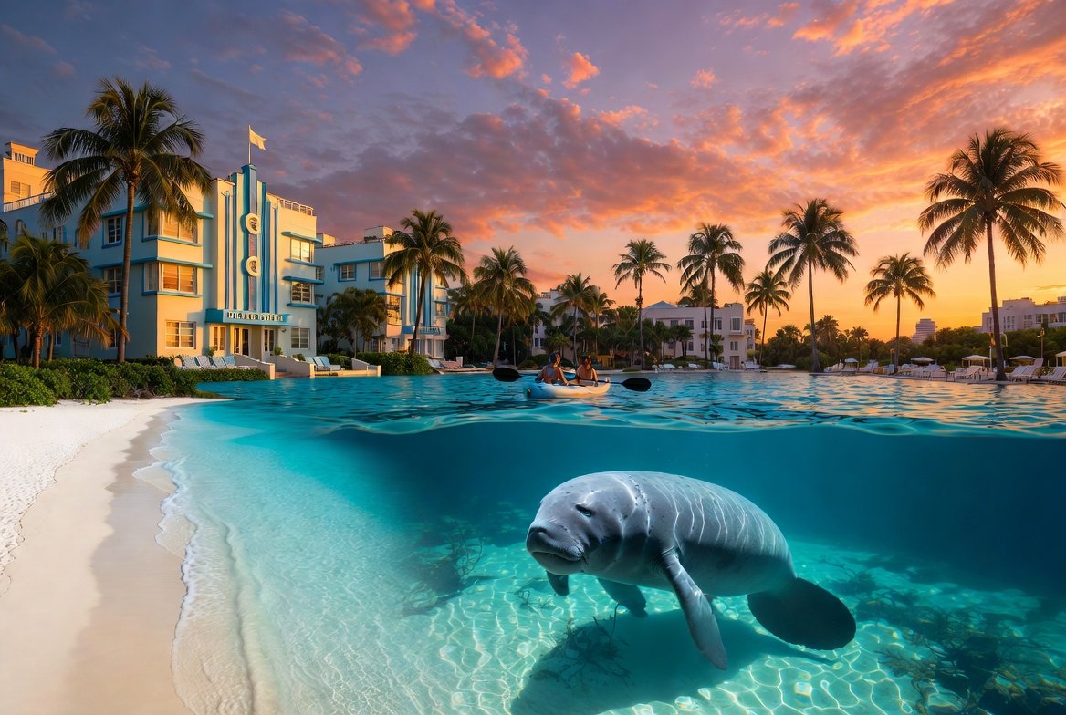 Epic Florida travel composite image featuring Gulf Coast beach, crystal-clear natural spring with manatee and kayakers, and Miami South Beach Art Deco architecture at sunset.