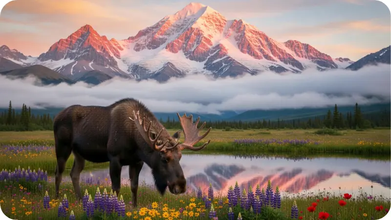 Denali mountain peak sunrise with moose for Alaska travel