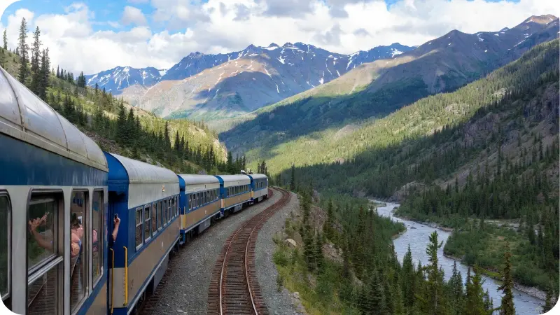 Alaska Railroad scenic train through mountains for Alaska travel