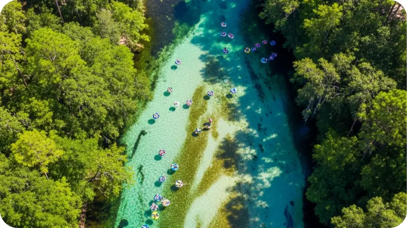 Aerial view of Ichetucknee Springs with tubers floating down crystal-clear turquoise river through lush Florida forest.