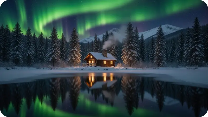 Northern Lights over cabin Fairbanks for Alaska travel